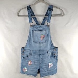 Justice Overall Shorts Girls 12 Blue Shortalls Reversible Sequin Hearts Raw Hem - Picture 1 of 12