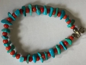 Sterling Silber Türkis und Koralle Armband 7,5", 10,3 Gramm - Bild 1 von 11