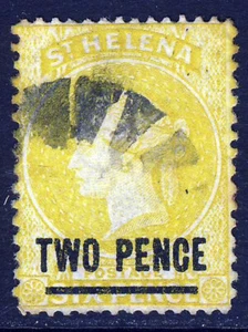 ST. HELENA QV 1868 TWO PENCE Yellow Type B Surcharge Wmk CC P. 12½ SG 9 VFU - Picture 1 of 2