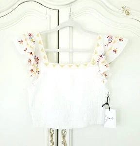 Japna White Smocked Embroidered Ruffle Cropped Top Small NWT - Picture 1 of 6