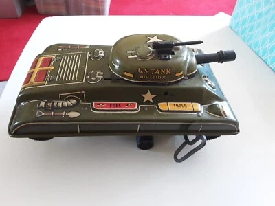 Litografía de hojalata grande de colección 9-3/4 marx años 50 EE. UU.  TANK DIVISION” TANQUE DE JUGUETE EJÉRCITO CUERDA Foto 1 de 4