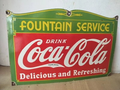 Drink Coca Cola Fountain Service Porcelain Enamel Sign  27 x 18 Inches - Image 1 of 4