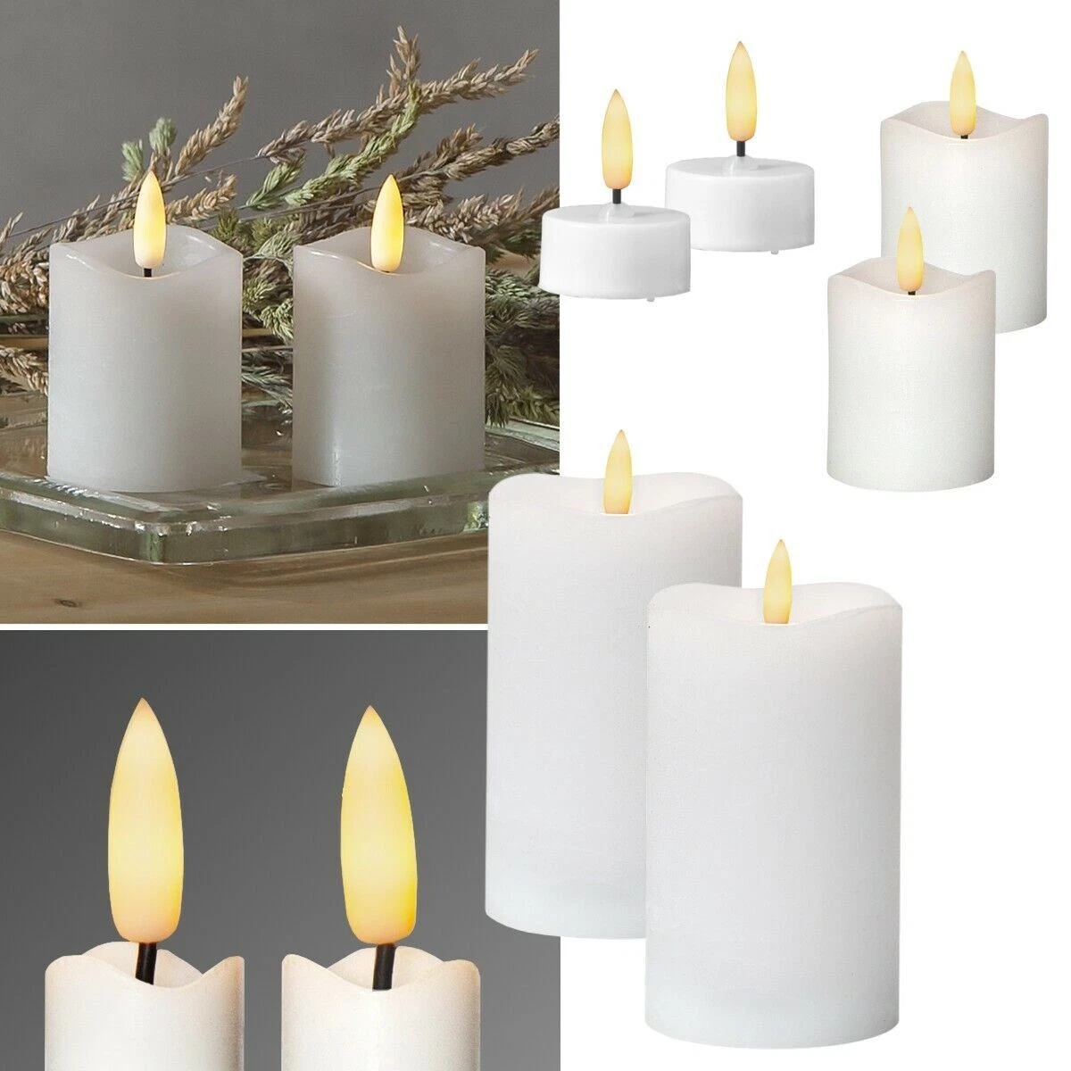 4er Set LED Stumpenkerzen STRIPE 15 Cm Höhe | 3D Flamme Timerfunktion | Farben Weiß Beige Grün Blau | Batteriebetrieben
