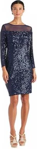 r&M Richards Women's Sequin Long Sleeve Knee-Length Evening Dress Navy Blue 6P - Picture 1 of 7