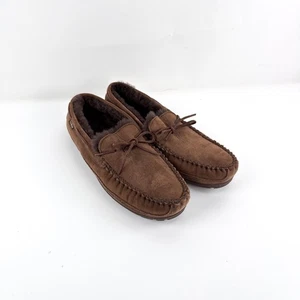 LL Bean Moccasins Mens 14 M Brown Suede Shearling Slippers - Picture 1 of 11