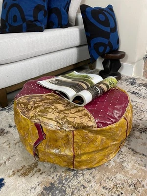Anta Mustar and Red Handmade Malian Leather Pouf: Tuareg Ottoman Footstool - Image 1 of 4