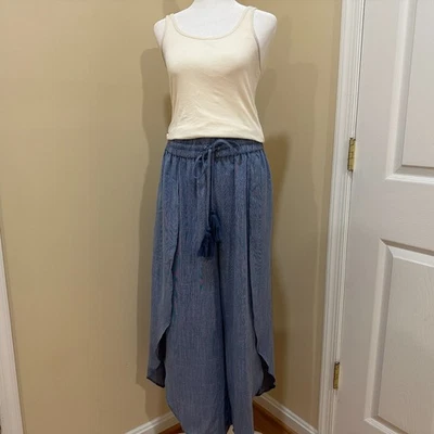 NUEVO CON ETIQUETAS MOON RIVER Pantalones Boho Estilo Harén Pierna Dividida Cordón Cintura Azul Talla L Foto 1 de 4