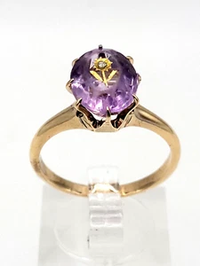 Viktorianischer Ring Rose of Sharon 10 K Gelbgold Amethyst & Diamant Größe 8,75 - Bild 1 von 9