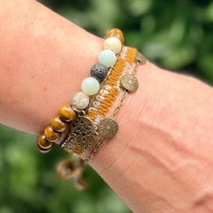 Handmade Boho Bracelet Stacking Pack 4 Piece Brown Bronze Gold Stone Wood Earthy - Picture 1 of 5