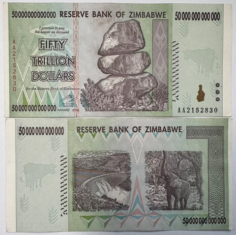 ZIMBABWE - 50 TRILLION DOLLARS - 2008 - XF PINHOLES - PREFIX AA - UV PASED Cover