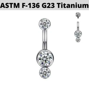 SOLID TITANIUM 14G INTERNALLY THREADED DUAL CZ CLUSTER BELLY BUTTON NAVEL RING  - Picture 1 of 1