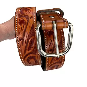 Cinturón Western para hombre talla 42 tooled cuero grano completo hebilla plateada - Imagen 1 de 7