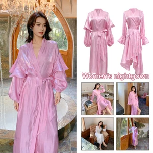 Women Luxury Satin Finish Night Gown Night Robe Dress Wedding Holiday Outerwear - Picture 1 of 25