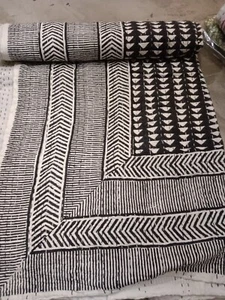 indian Cotton Black hand Block Print kantha handmade Quilt Bedspread Blanket - Picture 1 of 14