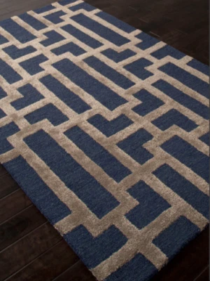Navy Blue Hand Tufted Rug Bordered pattern Area Rug Carpet For gifts 8x10 ft - Image 1 of 4