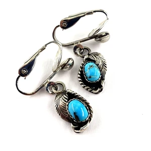 LH Navajo Artist Signed Vintage Sterling Silver Turquoise Feather Drop Earrings - Picture 1 of 6