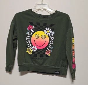 Justice Sport Girls Youth Size Small 8 Green Sweater Smiley Face Logo - Picture 1 of 10