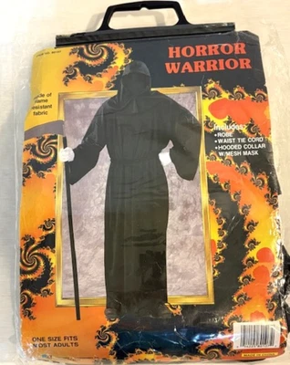 Disfraz de guerrero de terror túnica negra cuello con capucha malla máscara segador adulto Halloween Foto 1 de 4