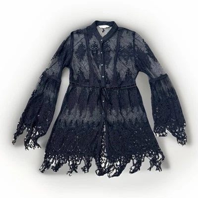 Boston Proper Black Lace Fringe Button Up Size M Y2K Whimsigoth Witchy Grunge - Image 1 of 4
