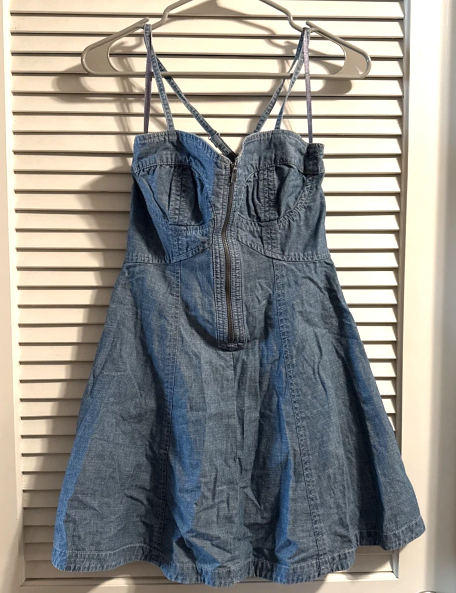 Women's Vintage Denim Mini Dress - Flowy A-Line Puff Sleeve Zip Up Chambray Dress