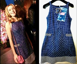 Mint Chanel 2013 Blue Check Black Tweed Boucle Midi Dress 34 36 2 4 6 Logo S M - Picture 1 of 23