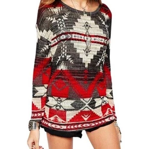 Denim & Supply Ralph Lauren Southwest Aztec Knit Sweater Women's Size S Red Gray - Picture 1 of 8