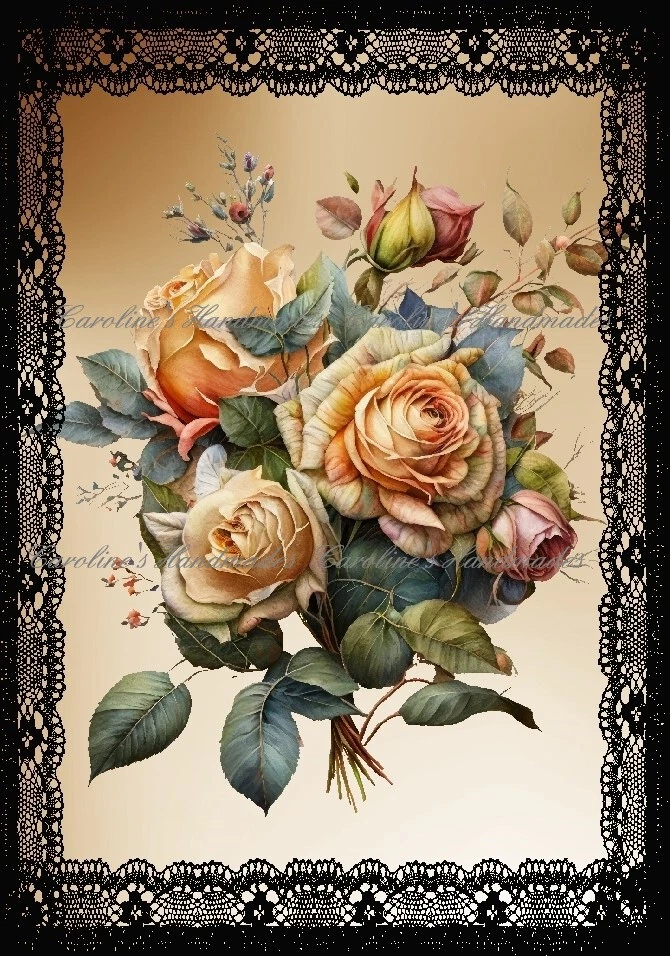 Autumn Roses & Black Lace Designer Cotton Fabric Quilt Block Multi-size - Image 1 of 1