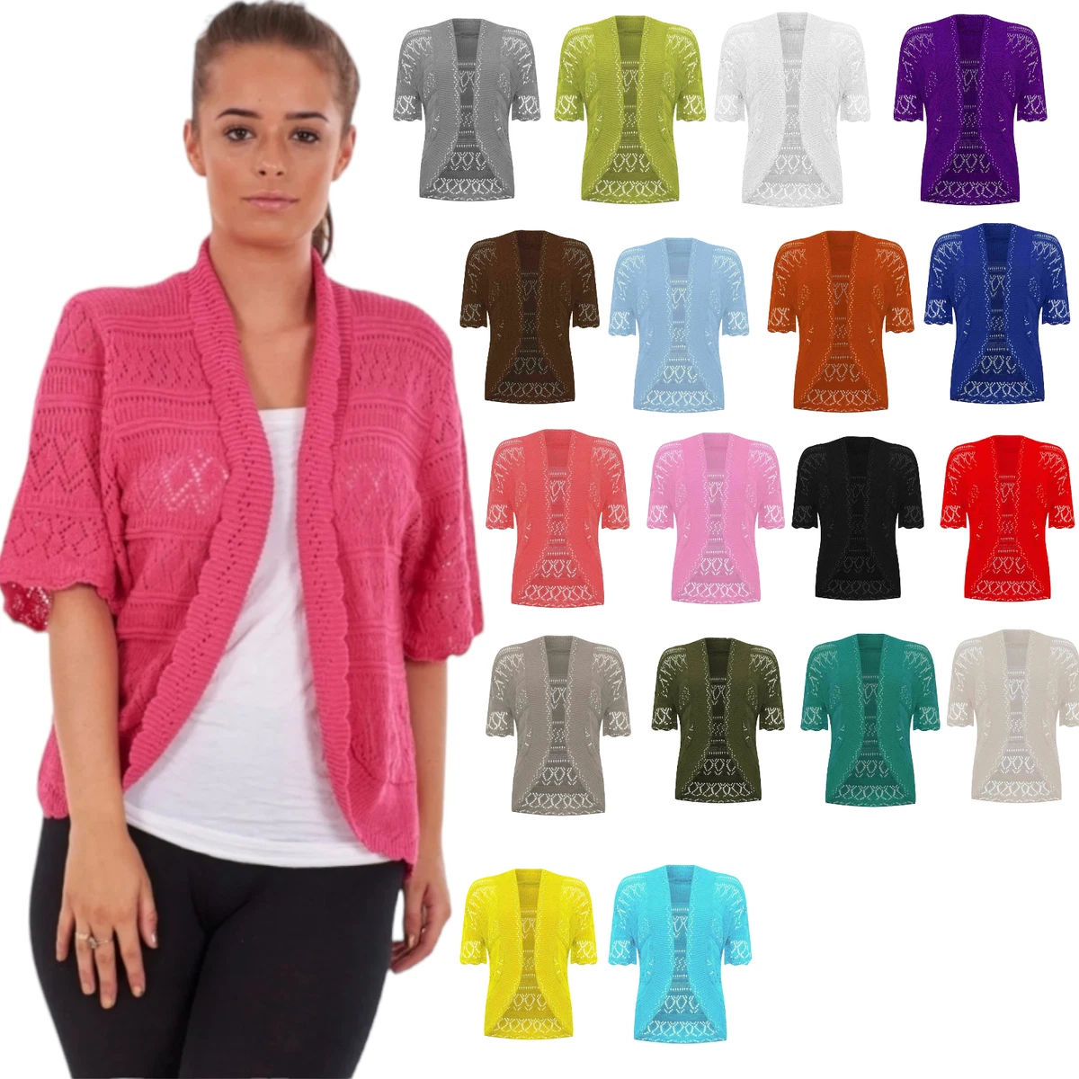 Women's Crochet Cardigan Top - Short Sleeve Hollow Out Knit Blouse Button Down