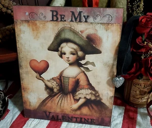 BEAUTIFUL PORTRAIT PRIMITIVE ANTIQUE FOLK COLONIAL VINTAGE STYLE VALENTINE SIGN - Picture 1 of 12