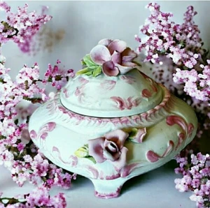 Antiguo tocador italiano de porcelana Capodimonte Shabby Cottagecore rosa floral - Imagen 1 de 9