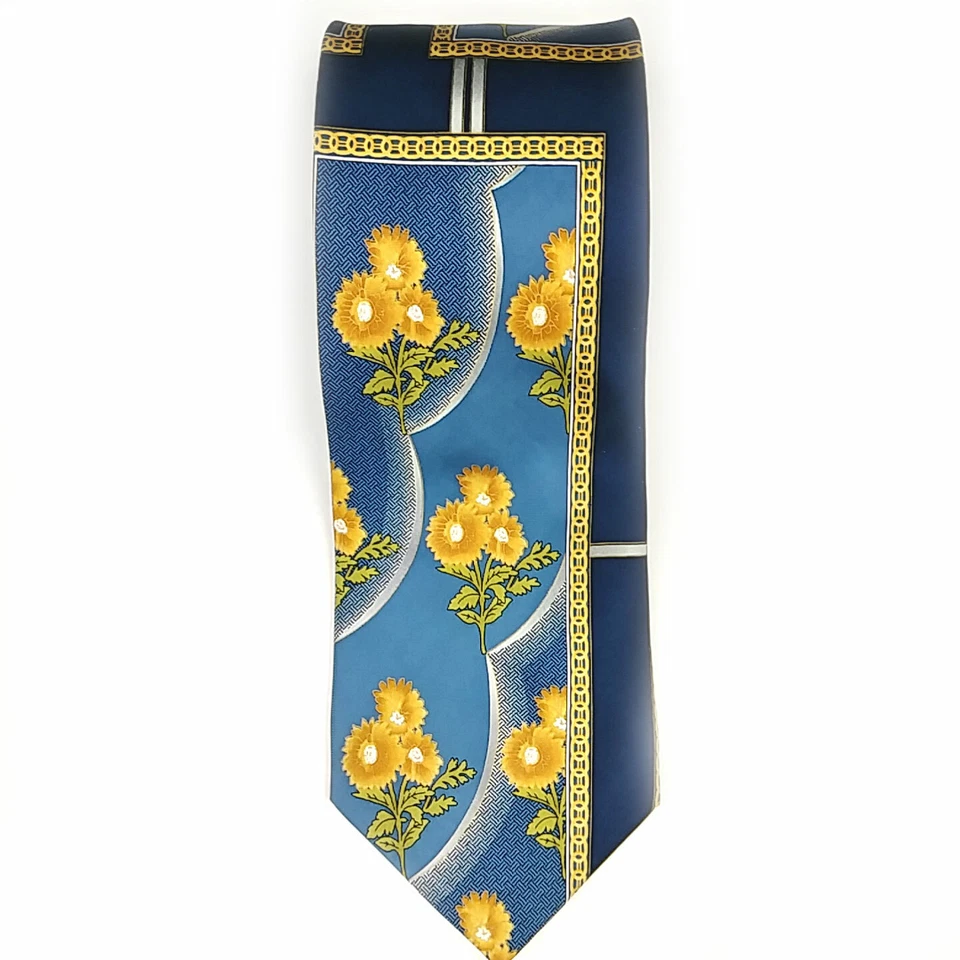 Gravata vintage John Blair floral gola de seda margaridas azul dourado 4 x 59 - Imagem 1 de 3