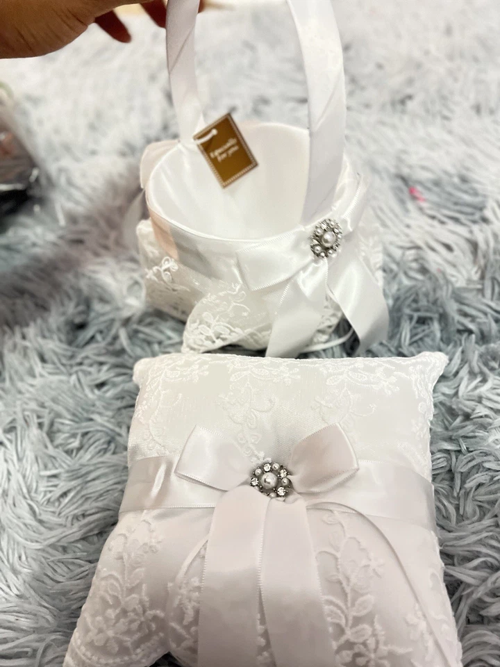 TRUE LOVE GIFT Ring Bearer Pillow and Wedding Flower Girl Basket Set Pearl Rhine