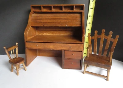 Escritorio y silla antiguos con tapa enrollable vintage 1977 roble/madera miniatura *VIDEO* hechos a mano Foto 1 de 4