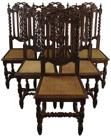 Antique Dining Chairs Set 6 French Hunting Renaissance Oak Wood Rattan Cane Cover
