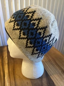 Beanie Hat Fair Isle Knit Wool Blend Gray Blue Black Geometric Fleece Lined USA - Picture 1 of 10