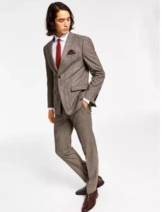 Bar III Men Slim Check Burgundy Black Tan Pants 32 X 32 Jacket Suit 36 R NEW - Picture 1 of 8