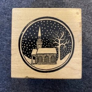 Vintage Church On A Winter’s Night Wood Mounted Rubber Stamp - Picture 1 of 3