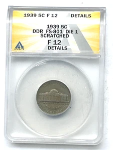 USA NICKEL 1939 DDR FS-801 DIE 1 F 12 DETAILS ANACS - DOUBLE DIE - Picture 1 of 5