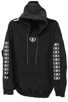 罕见 Balenciaga Unifit 日本发布 BB 图标标志黑色连帽衫破旧尺寸 L — 第 1/4 张图片