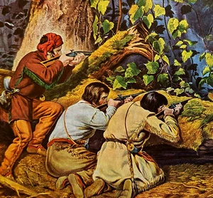 Libro impreso Currier Ives 1955 vintage cazadores estratagema decoración americana 6 - Imagen 1 de 3