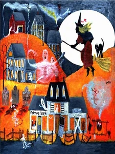 FoLk ArT OrIgInAl PrinT HallOwEEn ReD WiTcH GhOsT CaT FoRtUnE TeLLer - Bild 1 von 3