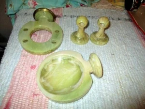 VTG 4 PC MARBLIZED LUCITE BATHROOM FIXTURE TOWEL ENDS, TOOTHBRUSH & SOAP HOLDER - Picture 1 of 3
