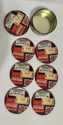 Coca-Cola Brand Metal Coasters Cork Bottom in Storage Can Round Red Logo - Image 1 of 4