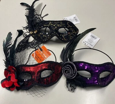 Pluma Veneciana Mardi Gras Mascarada Máscara Fiesta Halloween Disfraz Lote de 3 Foto 1 de 4