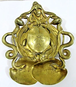 Antique Art Nouveau Bronze Inkwell Signed Geschutzt Woman, Snakes and Lily Pads  - Picture 1 of 12