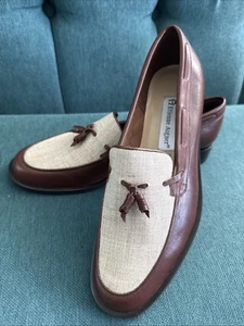 NEW Etienne Aigner Tan Fabric Brown Leather Tassel Womens Loafer Flats 8M Gotham - Picture 1 of 9