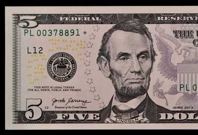 $5 2017A Gem CU Star Federal Reserve Note PL00378891* 500K Single Run, San Fran. - Image 1 of 3