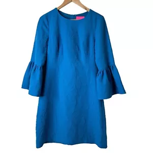Abito Lilly Pulitzer Viola Elasticizzato Taglia 6 Manica Svasata 3/4 Blu Jacquard Floreale - Foto 1 di 13