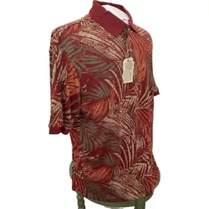 NWT Caribbean Joe Polo Shirt X-LARGE Madder Brown w Leaf Print Silk/Cotton - Picture 1 of 10