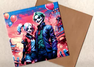 Harley Quinn and the Joker Manga Style 15x15cm Blanko Grußkarte und Umschlag - Bild 1 von 2